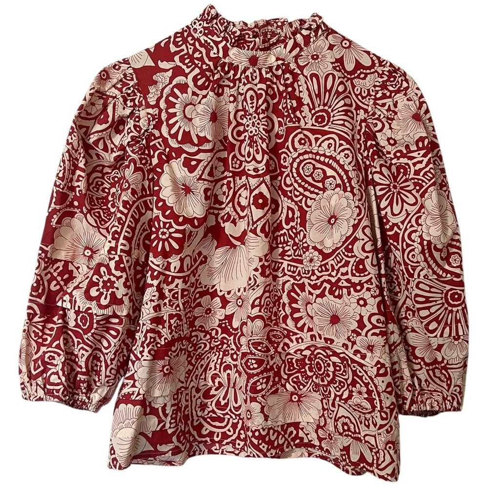 Pinch NWOT red and tan floral pleated hem ruffle collar puff sleeve blouse